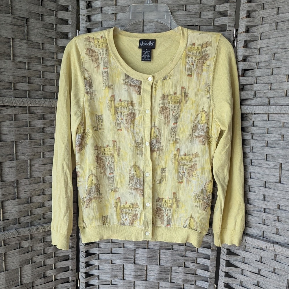 Rafaella Silk Blend‎ Cardigan Light Pastel Yellow Paris Sketch Print Button Up M